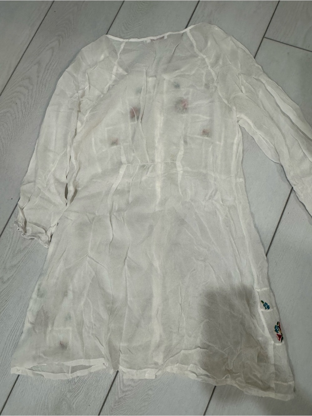Johnny Was White Sheer Button-Front Tunic with Colorful Floral Embroidery - Picture 3 of 3